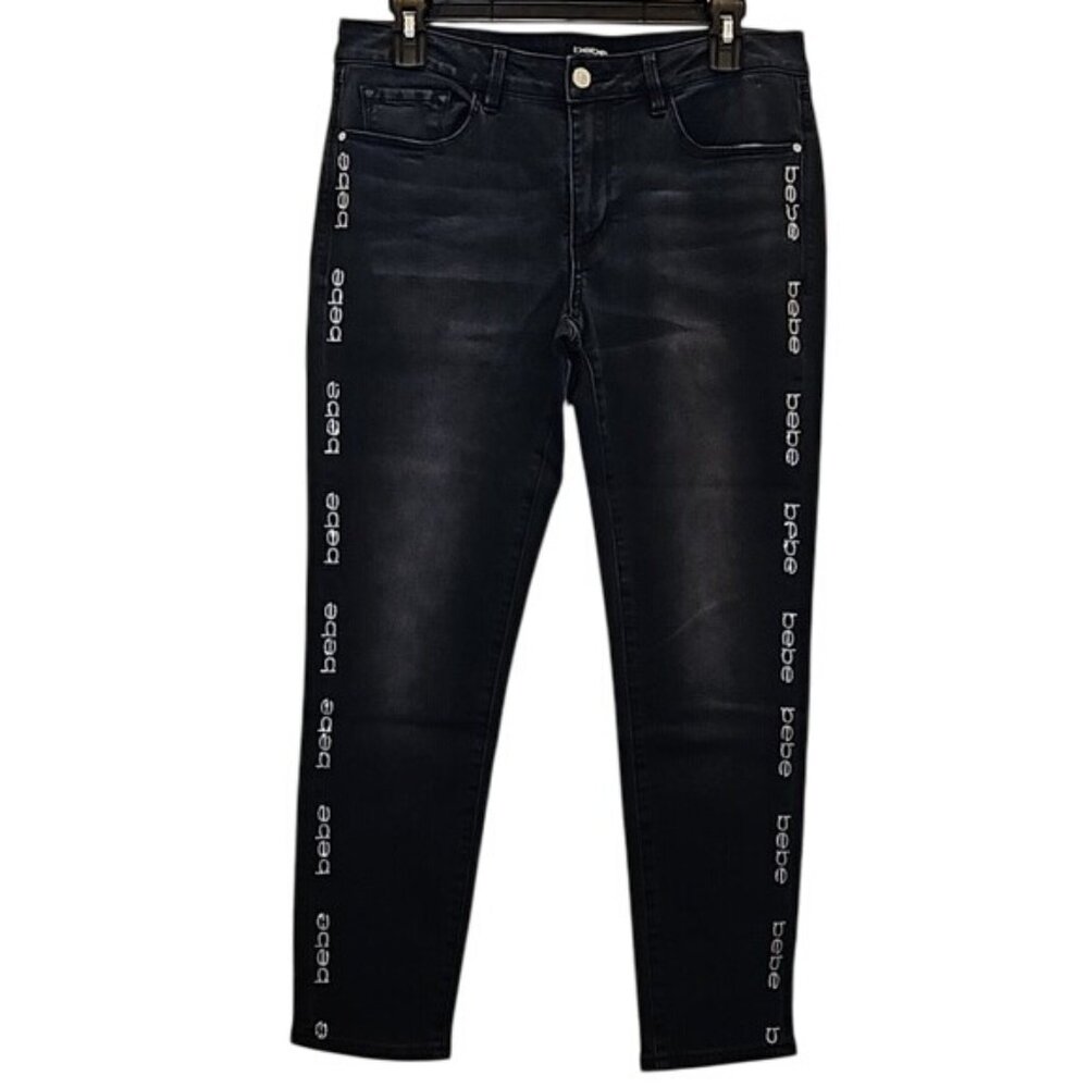 bebe heartbreaker ankle skinny jean Size 30 Logo Faded Black Wash Denim Stretch